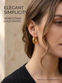 1 paire de boucles d'oreilles créoles épaisses en acier inoxydable plaqué or avec texture écaillée tressée pour femmes, résistantes à la tarnissure, plusieurs styles disponibles - Multicolore - Voir 2