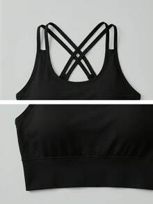UONNOU Cross-Back Sports Bra, Seamless Long Fitness Top - Black - View 5