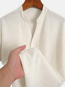 Men's Solid Color Corn Kernel Collar Half-Open V-Neck Two-Button Top, Skin-Friendly Breathable Material, Fake Placket Pocket Contrast Color Drawstring Design Shorts, Suitable For Casual, Fashion, Simple Outgoing Commuting Street Shirt Set - Multicolor - View 5