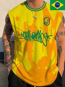 FRACTYR 男士夏季休闲街头风巴西黄绿色涂鸦印花篮球服，双面设计，宽松版型，美式嘻哈风格，透气亲肤无袖背心 - 黃色 - 查看 2