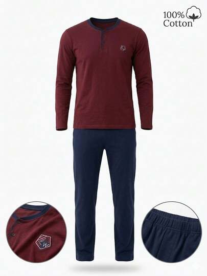 Henley Cotton Long-Sleeve Pajama Set For Men, Comfortable Two Pieces Loungewear Sleepwear
