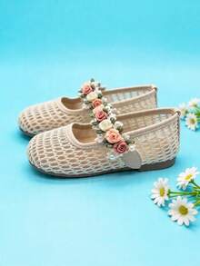 3-12 Years Old Girls 1 Pair Cream & Apricot Hollow Mesh 3D Floral Cluster Pearl Decor Breathable Non-Slip Soft Bottom Mary Jane Princess Flat Shoes, Pastoral Fairy Style Best Seller For Spring/Summer Outdoor Matching - Beige - View 6