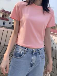Short Sleeve T-Shirt, Solid Color, New Summer Style, Slim Fit, Versatile Round Neck Top Casual Pink - Pink - View 4
