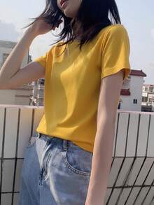 Short Sleeve T-Shirt, Solid Color, New Summer Style, Slim Fit, Versatile Round Neck Top Casual - Yellow - View 4