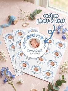 12/24/48pcs Personalized Photo Stickers, Customizable With Names, Birthday Party Decorations, Blue Floral Patterns, Circular Labels, Back To School - Multicolor - View 1