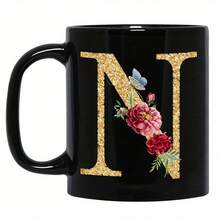 1pc Gold Letter & Floral Print Ceramic Coffee Mug, Beautiful & Practical Gift For Women, Girls, Office, Home Use - Black - View 26