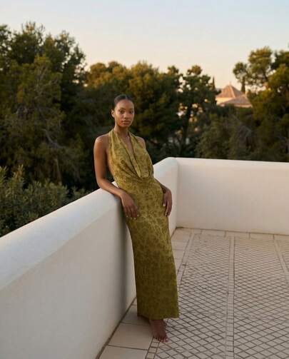 Rouah Women's Halter Neck Backless Lace Effect Jersey Burnout Maxi Dress Olive Green Cowl Neck Floor Length Elegant Evening Gown For Summer Wedding Guest Or Event