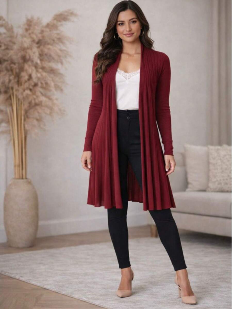 Modal Cardigan Jacket, Lattice Sweater, Long Sleeve Blouse, Winter - 酒紅色 - 查看 1