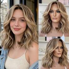 Peluca corta con ondas de bob, con degradado marrón y reflejos dorados para mujeres, sin pegamento, con línea del cabello previamente desbastada, de fibra resistente al calor de alta calidad, adecuada para cosplay, uso diario y fiestas - Multicolor - Ver 18