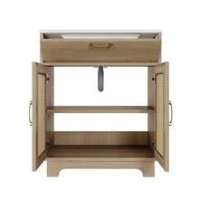 Freestanding Bathroom Cabinet Measuring 76x46x88cm, Moisture Resistant, With Liftable Drawers And Soft-Close Double Doors, High Legs With Rattan Details, Ceramic Sink, Natural Color. - 自然色 - 查看 10