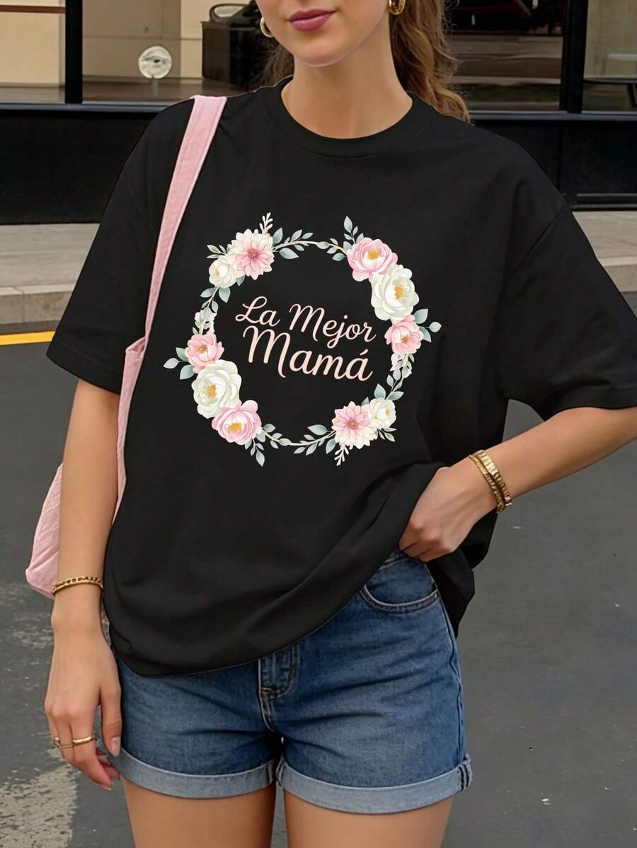 Camiseta Negra con Estampado Floral y Texto La Mejor Mama para Mujer Casual - Negro - Ver 1