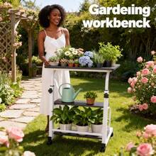 Heavy-Duty Height-Adjustable Multi-Functional Garden Workbench | Metal Frame, Large Worktop,With Four Braked Casters, Suitable For Offices, Bedrooms, Patios, Gardens/Gardens, Etc. Durable Andeasy To Clean, Can Be Used As A Planter Table Or Outdoor Garden Table. - đen - Xem 5