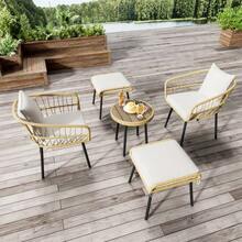 5-Piece Garden Lounge Set, Consisting Of 1 Dining Table, 2 Chairs, 2 Stools, Furniture, Rattan, Natural - 白色+自然色 - 查看 2