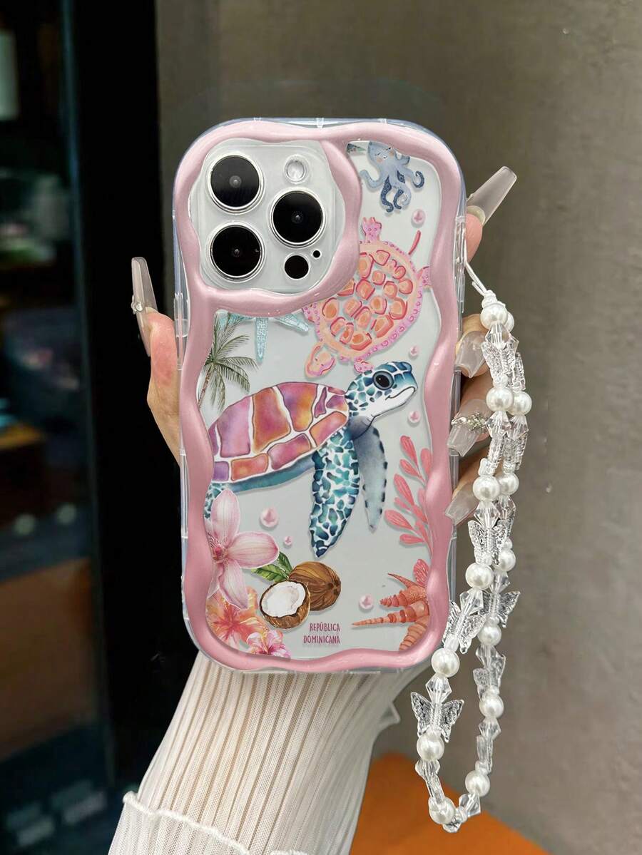 奶油色波浪边亮面海龟彩绘防摔手机壳，配手工串珠手链，兼容 XR/7/8、15 Pro Max、13、14、11，柔软 TPU 保护壳，兼容 Galaxy S24、Galaxy S24+、Galaxy S24 Ultra、Galaxy S22、Galaxy A13 4G、Galaxy A52、A52s 5G、Galaxy A23、Galaxy A35、Galaxy A25、Galaxy A73、Note 11、Note 11 Lite