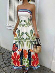 Vestido bandeau con cintura ceñida y estampado de lunares, estilo vacacional - Multicolor - Ver 1