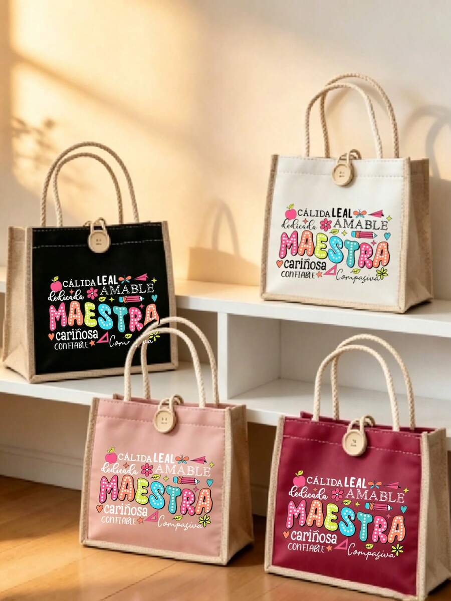 Multicolor Maestra Letter And Pencil Apple Pattern Print Tote Bag ,Reusable Tote - Multicolor - View 1