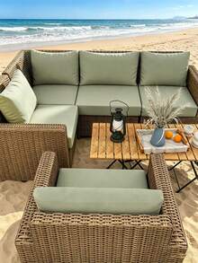 1pc Solid Color Printed Milk Silk Outdoor Sofa Cushion Cover, High Elasticity Stain-Resistant Removable Washable All-Season Outdoor Rattan Sofa Cushion Protector - Pastel Green - View 2
