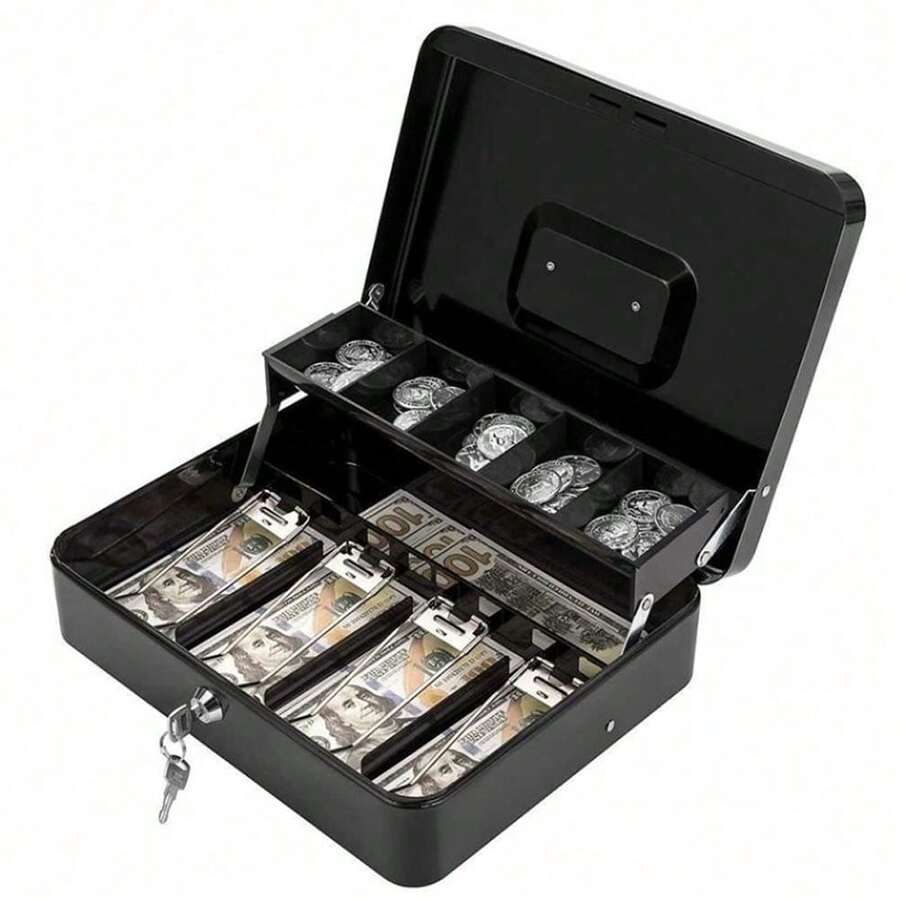 Luminpool Money Box With Key -Money Tin With Lock - Small Lockable Cash Box With Coin Tray For Petty Cash Coins Notes - Locking Metal Box With 2 Keys - Black - Black - View 1