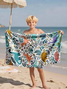 1pc Cartoon Dinosaur & Leaf Print Children's Beach Towel, Super Absorbent Large Beach Blanket, Suitable For Beach, Pool, Travel, Camping, Yoga, Available In Multiple Sizes - Multicolor - View 8
