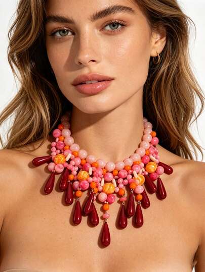 Dây chuyền yếm đính cườm thủ công phong cách Bohemian ombre, hạt nhựa, kiểu dáng tua rua hình giọt nước, trang sức nhiều lớp cầu kỳ, phụ kiện đa năng cho tiệc tùng, hẹn hò.