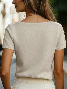 Blusa casual de punto trenzado con cuello en V de manga corta, versátil para uso diario, en color albaricoque, para primavera/verano - Caqui - Ver 2