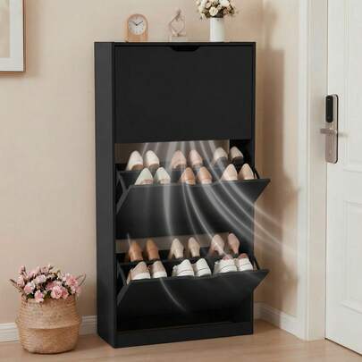 Shoe Cabinet With 3 Flip Drawers, Slim Wooden Shoe Storage Organizer For Entryway, Hallway & Living Room, Space-Saving Hidden Shoe Rack With Adjustable Shelves, Modern Entryway Furniture