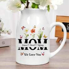 Personalized Birth Month Flower Vase - Customized Ceramic Flower Vase With Grandchild's Name, Home Decor Gift For Grandma - White - View 3