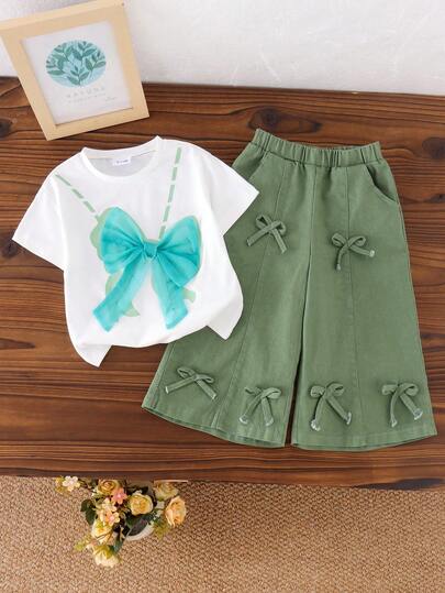 2pcs Baby Girls' Casual Sweet Bowknot Decor Round Neck Short Sleeve T-Shirt + Solid Color Bowknot Elastic Waist Loose Pants Set, Summer