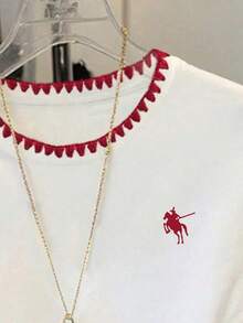 Áo thun nữ cổ tròn tay ngắn đơn giản, màu đỏ tương phản, in logo ngựa, thích hợp mặc đi làm hoặc đi làm, kiểu dáng thường ngày, phù hợp cho mùa hè. - Nhiều màu - Xem 3
