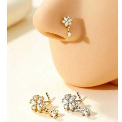 1 chiếc khuyên mũi hình chữ L mạ vàng đính đá Cubic Zirconia nhỏ nhắn, thích hợp cho nữ đeo hàng ngày.