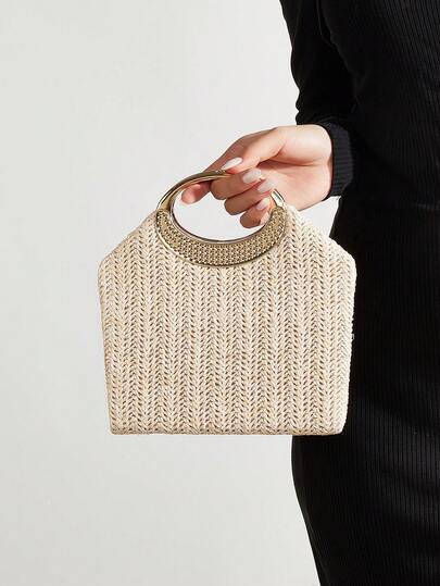 REMANLAND 女士手提包，杏色时尚编织托特包，适合度假、海滩、商务通勤，多功能单肩包，休闲简约，沙滩必备，度假必备