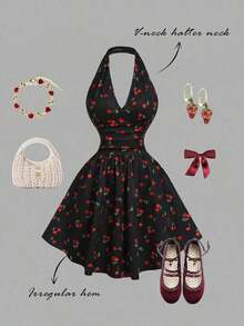 Vestido mini elegante estampado de cerezas con cuello halter, espalda descubierta y cintura fruncida, estilo dulce ideal para fiestas, vacaciones playeras y citas de primavera y verano - Rojo y negro - Ver 12