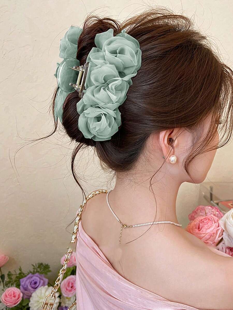 1个女士纯色3D褶皱网纱玫瑰花发夹,适合日常佩戴、派对场合、节日、生日等。 - 彩色 - 查看 1