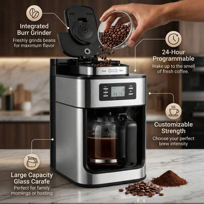 Moulin à café automatique, corps en acier inoxydable, panier-filtre amovible en acier inoxydable avec fonction d'isolation, 1050W 1L 34oz avec écran LCD, capacité de 60g de grains de café, fonction de préréglage 24 heures