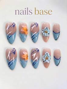 NAILS BASE 10件組 粉色杏仁形長款法式漸層漸變假指甲，附玫瑰紅花朵，杏仁形甲片，適合辦公場合的中性華麗風，日式手工製作 - 彩色 - 查看 11