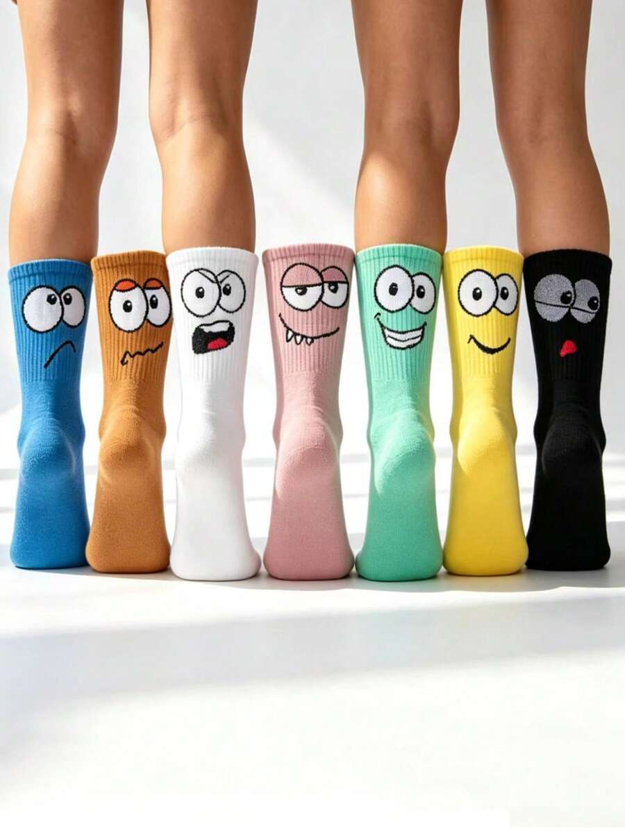 1/4/7 Pairs Women's Novelty Fun Mid-Calf Socks, European And American Hip-Hop Style Versatile Sports Socks, Unisex Personalized Street Cool Socks, Suitable For Students All Year Round - Multicolor - View 1