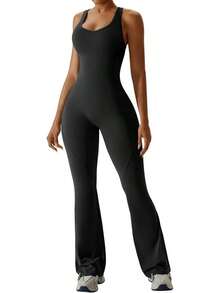 Women's Flared-Leg Jumpsuit With Built-In Bra, Openwork Back, Sportswear, Sleeveless Jumpsuit, Fitted Casual - màu đen - Xem 6