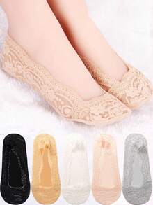 1/5双蕾丝花朵拖鞋袜，女士夏季透气硅胶防滑隐形踝袜，镂空芭蕾舞袜，圣诞礼物 - 常規款 - 查看 3