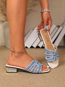 2026 New French Chunky Heel Rhinestone Slide Sandals, Fashion Beach Holiday Casual Slip-On Slippers For Women Summer - Blue - View 2