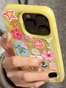 Funda de teléfono suave con textura plegada y cordón, compatible con iPhone 17 Pro Max, 16, 15, 14, 13, 12 Pro Max, 14, 15, 16 Plus, 11, con estampado de flores oceánicas de verano, caballito de mar y tortuga - Amarillo - Ver 2