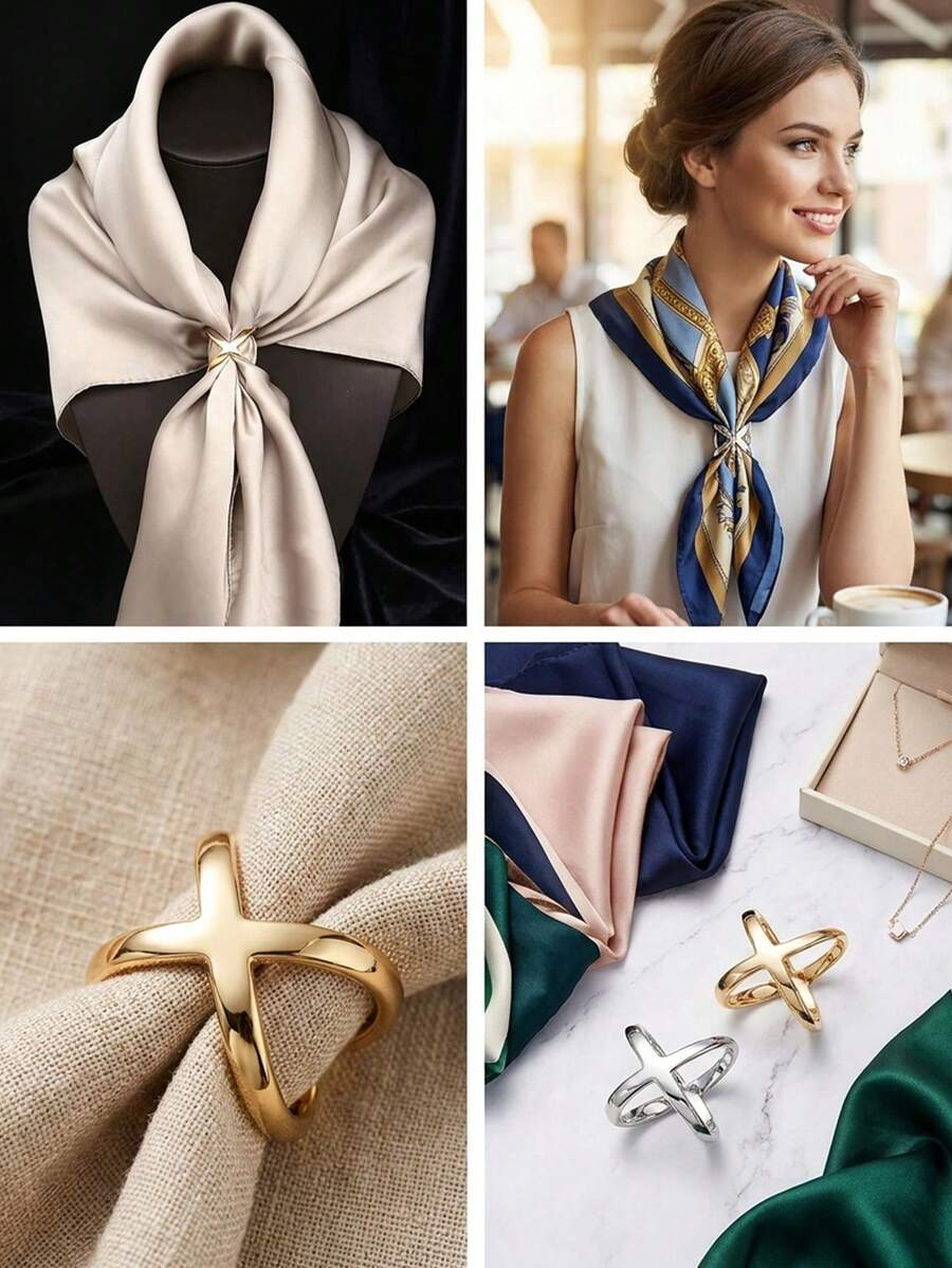 1/2/3PCS Gold Scarf Ring - Multi-Functional Hollow Cross Design, Smooth Square Shawl Clasp For Silk Scarves & Wraps, Elegant Fashion Accessory