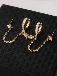 1 đôi bông tai hình ngôi sao đính đá Cubic Zirconia cao cấp, kiểu dáng cổ điển dành cho nữ, dây chuyền đính đá Zirconia, bông tai đinh tán có thể xếp chồng lên nhau, mạ vàng, phụ kiện trang sức dự tiệc. - Bông tai hình ngôi sao - Xem 4