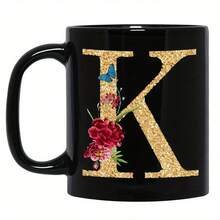 1pc Gold Letter & Floral Print Ceramic Coffee Mug, Beautiful & Practical Gift For Women, Girls, Office, Home Use - Black - View 35