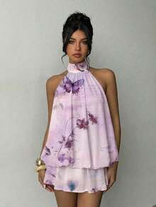 Vestido mini elegante de mujer con cuello halter y lazo en color amarillo claro - Multicolor - Ver 6