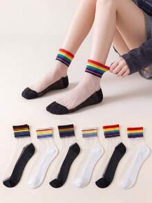 5 Pairs Random Rainbow Striped Transparent Crystal Glass Fiber Breathable Mid-Calf Socks, Spring/Summer - Multicolor - View 3