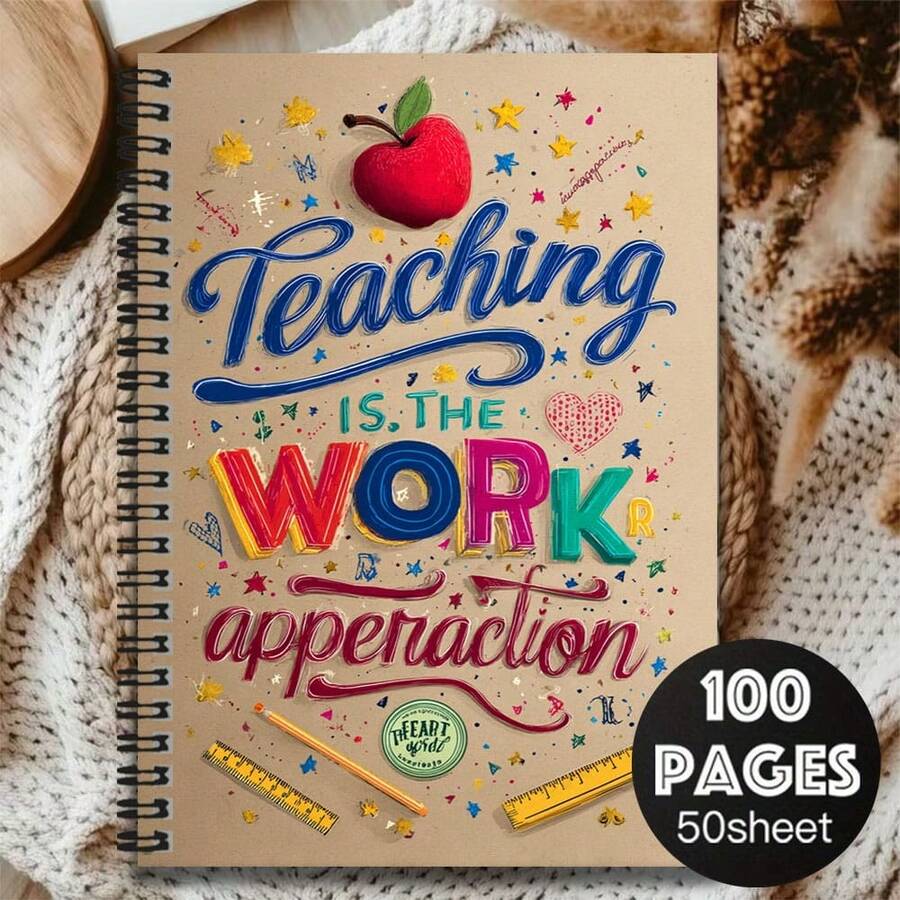 1pc Creative Spiral Coil Notebook For Teachers, Cover Slogan "Teaching Is The Work Appreciation" With Apple, Star Decorations, 100 Pages Suitable For Work Records, Study Notes, School Graduation, Birthday Gifts And More - L - View 1