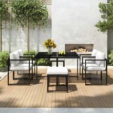 7-Piece Outdoor Dining Table And Chair Set For 6 People, Tempered Glass Table, Suitable For Backyard Meals Or Garden Patio Dining - 黑白 - 查看 4