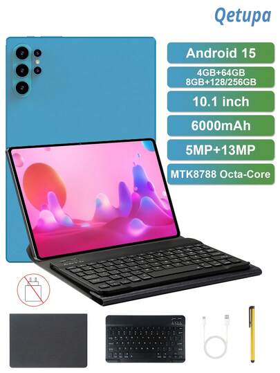 Qetupa Tablet PC Android de 10.1 pulgadas, con funda protectora, teclado y lápiz óptico, ligera y portátil para estudiantes y adultos. Procesador MTK8788 Octa-Core a 2.0GHz, 4GB RAM+64GB ROM o 8GB RAM+128/256GB ROM (ampliable hasta 1TB), pantalla táctil IPS HD de 1280x800, cámara frontal de 5MP y cámara trasera de 13MP, batería de 6000mAh, Bluetooth 5.2, GPS, compatible con Wi-Fi 6 802.11ax, puerto de carga Tipo C (adaptador no incluido)