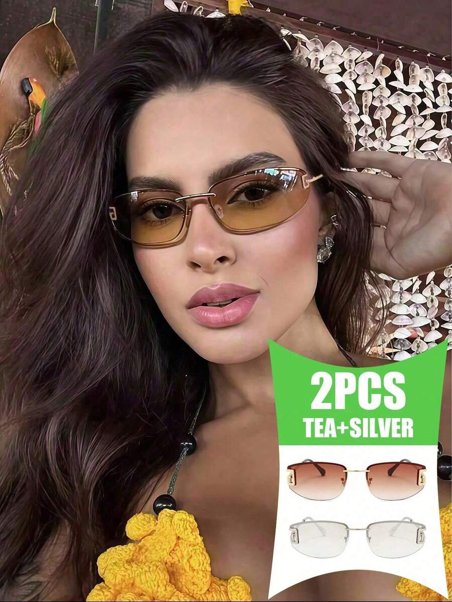 2pcs 2025 New Oval Frameless Y2K Fashion Glasses, European And American Retro Elegant Fashion Glasses For Women - 金框雙茶片+銀框水銀片 - 查看 1