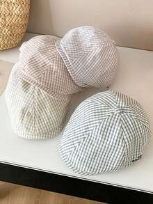 1pc Vintage Pink Plaid Beret Hat, New Summer Sun Protection Hat, Large Head Circumference, Versatile Peaked Cap For Women - A - View 10